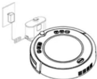 Line drawing of a circular robotic vacuum cleaner with attached electrical outlet (no text or symbols)