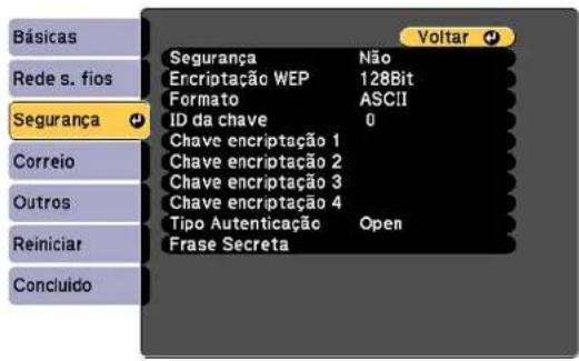 Básicas Rede s. fios Segurança Correio Outros Reiniciar Concluído Voltar Segurança Não Escriptação WEP 128Bit Formato ASCII ID da chave 0 Chave encriptação 1 Chave encriptação 2 Chave encriptação 3 Chave encriptação 4 Tipo Autenticação Open Frase Secreta