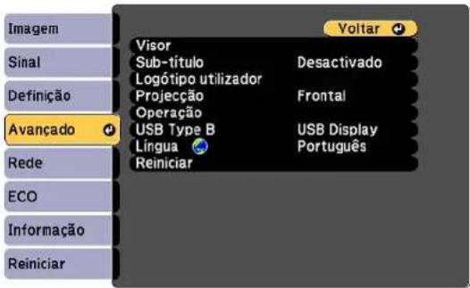 Imagem Sinal Definição Avançado Rede ECO Informação Reiniciar Visor Sub-título Logótipo utilizador Projecção Operação USB Type B Língua Reiniciar Voltar Desactivado Frontal USB Display Português