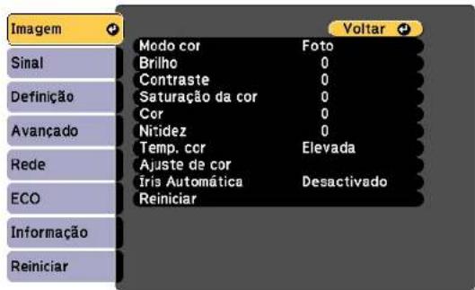Imagem Sinal Definição Avançado Rede ECO Informação Reiniciar Modo cor Foto Brilho 0 Contraste 0 Saturação da cor 0 Cor 0 Nitidez 0 Temp. cor Elevada Ajuste de cor Íris Automática Desactivado Reiniciar