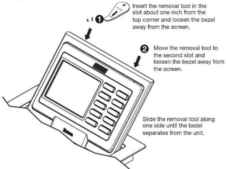 Insert the removal tool in the slot about one inch from the top corner and loosen the bezel away from the screen. Move the removal tool to the second slot and loosen the bezel away from the screen. Slide the removal tool along one side until the bezel separates from the unit.