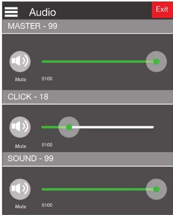 Audio MASTER - 99 Mute 0100 CLICK - 18 Mute 0100 SOUND - 99 Mute 0100 Exit