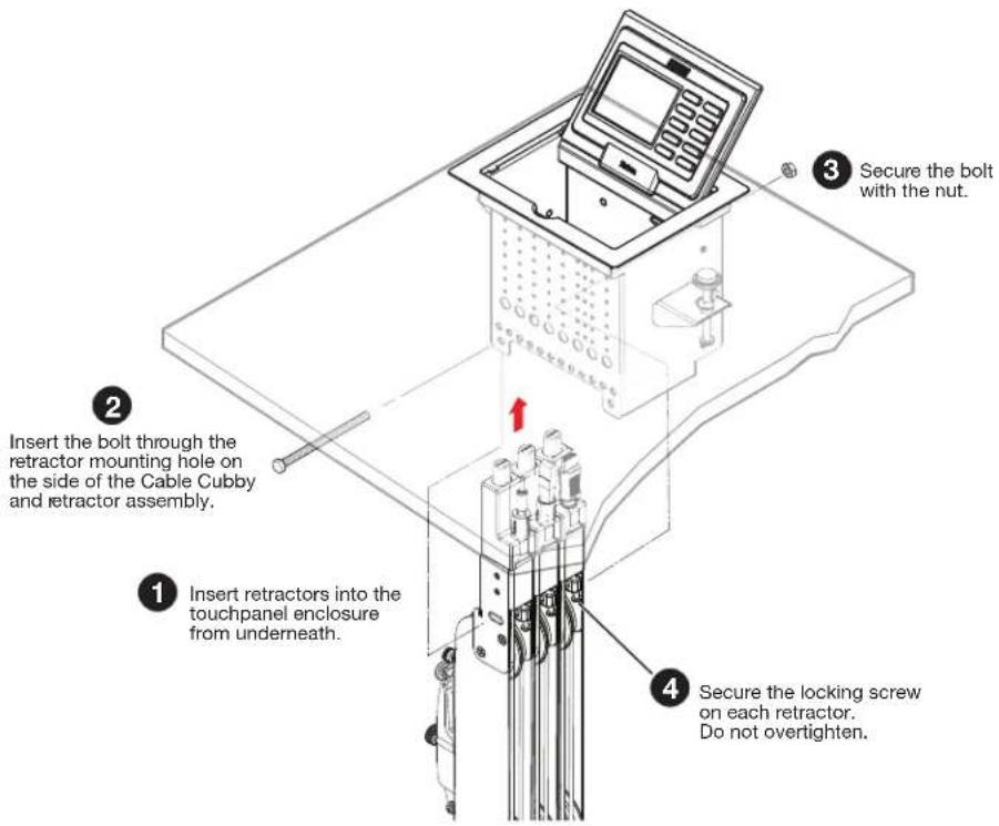 Secure the bolt with the nut. Insert the bolt through the retractor mounting hole on the side of the Cable Cubby and retractor assembly. Insert retractors into the touchpanel enclosure from underneath. Secure the locking screw on each retractor. Do not overtighten.