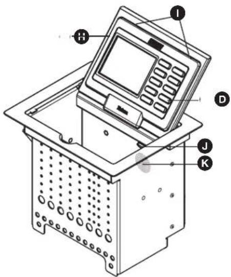 Technical diagram of a digital payment terminal with labeled components including H, I, D, J, and K.