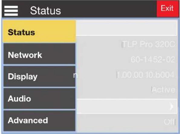 Status Status Network Display Audio Advanced TLP Pro 320C 60-1452-02 1.00.00 10.5004 Active Off Exit