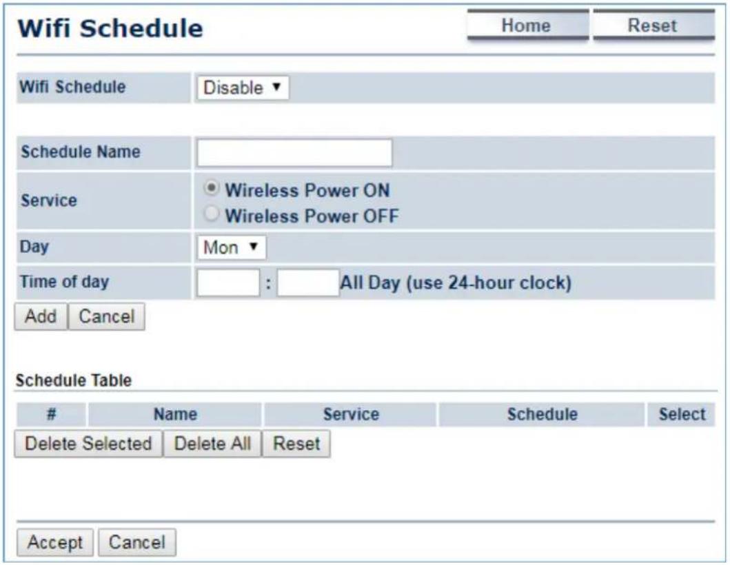 Wifi Schedule Home Reset Wifi Schedule Disable ▼ Schedule Name Service Wireless Power ON Wireless Power OFF Day Mon ▼ Time of day : All Day (use 24-hour clock) Add Cancel Schedule Table Name Service Schedule Select Delete Selected Delete All Reset Accept Cancel