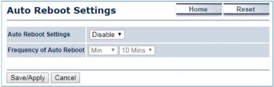 Auto Reboot Settings Home Reset Auto Reboot Settings Disable Frequency of Auto Reboot Min 10 Mins Save/Apply Cancel