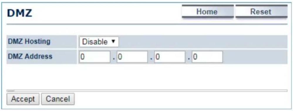 DMZ Home Reset DMZ Hosting Disable ▼ DMZ Address 0 . 0 . 0 . 0 Accept Cancel