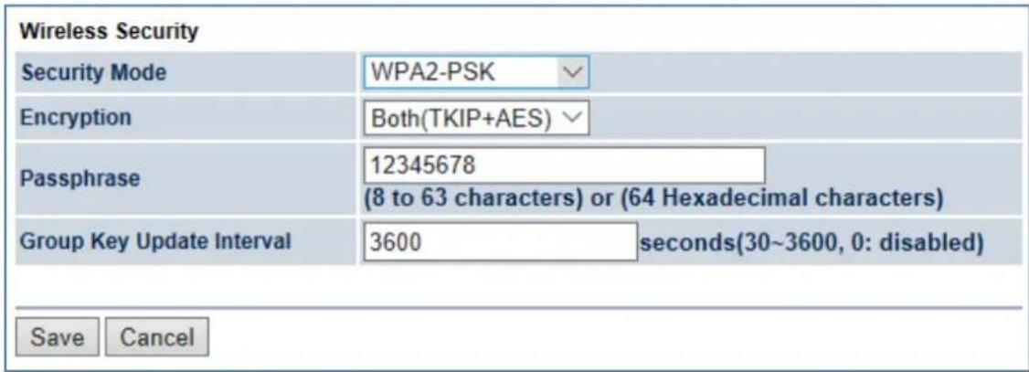 Wireless Security Security Mode WPA2-PSK Encryption Both(TKIP+AES) Passphrase 12345678 (8 to 63 characters) or (64 Hexadecimal characters) Group Key Update Interval 3600 seconds(30~3600, 0: disabled) Save Cancel