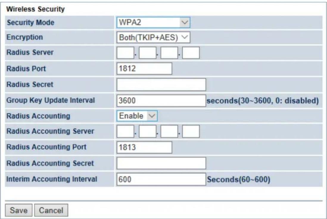 Wireless Security Security Mode WPA2 Encryption Both(TKIP+AES) Radius Server . . . . Radius Port 1812 Radius Secret Group Key Update Interval 3600 seconds(30~3600, 0: disabled) Radius Accounting Enable Radius Accounting Server . . . . Radius Accounting Port 1813 Radius Accounting Secret Interim Accounting Interval 600 Seconds(60~600) Save Cancel