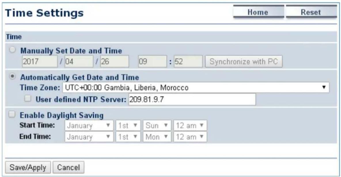 Time Settings Home Reset Time Manually Set Date and Time 2017 / 04 / 26 09 : 52 Synchronize with PC Automatically Get Date and Time Time Zone: UTC+00:00 Gambia, Liberia, Morocco User defined NTP Server: 209.81.9.7 Enable Daylight Saving Start Time: January 1st Sun 12 am End Time: January 1st Mon 12 am Save/Apply Cancel