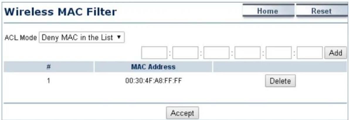 Wireless MAC Filter Home Reset ACL Mode Deny MAC in the List ▼ Add # MAC Address 1 00:30:4F:A8:FF:FF Delete Accept