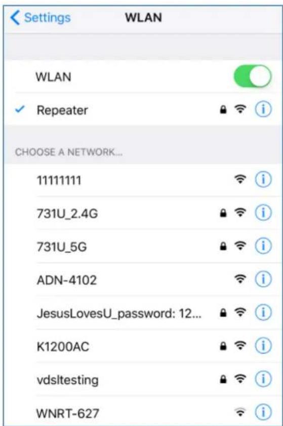 Settings WLAN WLAN ✓ Repeater i CHOOSE A NETWORK... 11111111 731U_2.4G 731U_5G ADN-4102 JesusLovesU_password: 12... K1200AC vdsltesting WNRT-627