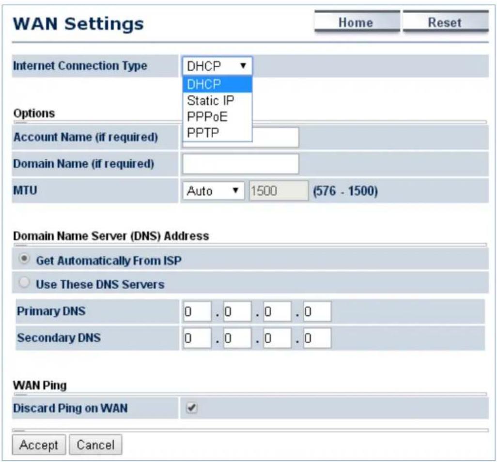 WAN Settings Home Reset Internet Connection Type DHCP DHCP Static IP PPPoE PPTP Options Account Name (if required) Domain Name (if required) MTU Auto 1500 (576 - 1500) Domain Name Server (DNS) Address Get Automatically From ISP Use These DNS Servers Primary DNS 0 . 0 . 0 . 0 Secondary DNS 0 . 0 . 0 . 0 WAN Ping Discard Ping on WAN ✓ Accept Cancel