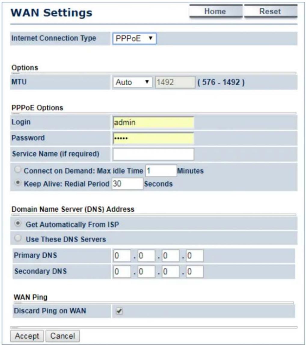 WAN Settings Home Reset Internet Connection Type PPPoE ▼ Options MTU Auto 1492 (576 - 1492) PPPoE Options Login admin Password ••••• Service Name (if required) Connect on Demand: Max idle Time 1 Minutes Keep Alive: Redial Period 30 Seconds Domain Name Server (DNS) Address Get Automatically From ISP Use These DNS Servers Primary DNS 0 . 0 . 0 . 0 Secondary DNS 0 . 0 . 0 . 0 WAN Ping Discard Ping on WAN ✓ Accept Cancel