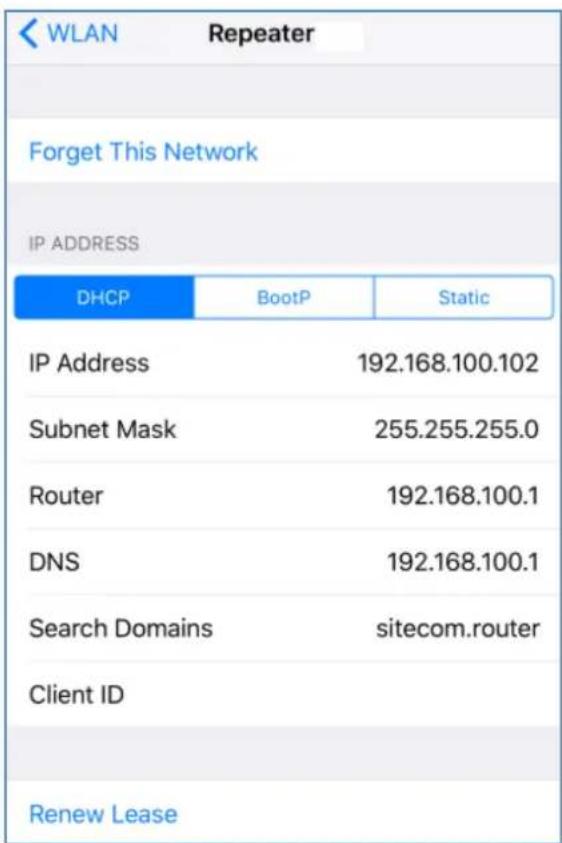 WLAN Repeater Forget This Network IP ADDRESS DHCP BootP Static IP Address 192.168.100.102 Subnet Mask 255.255.255.0 Router 192.168.100.1 DNS 192.168.100.1 Search Domains sitecom.router Client ID Renew Lease