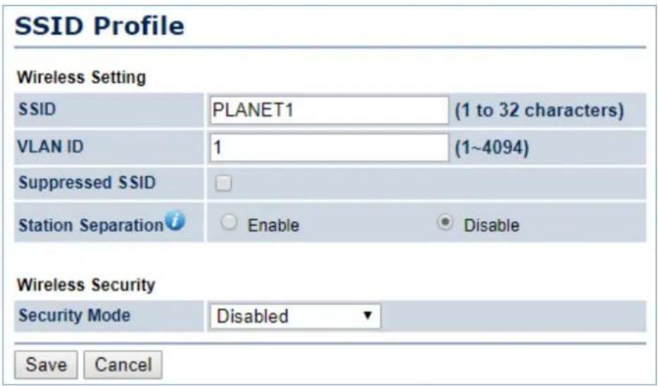 SSID Profile Wireless Setting SSID PLANET1 (1 to 32 characters) VLAN ID 1 (1~4094) Suppressed SSID Station Separation i Enable Disable Wireless Security Security Mode Disabled ▼ Save Cancel