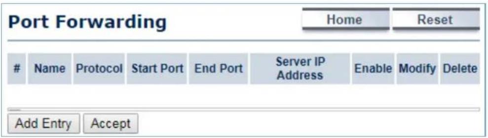 Port Forwarding Home Reset Name Protocol Start Port End Port Server IP Address Enable Modify Delete Add Entry Accept