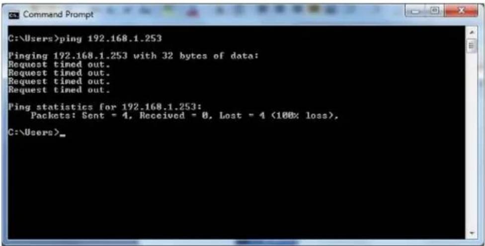 C:\Users>ping 192.168.1.253 Pinging 192.168.1.253 with 32 bytes of data: Request timed out. Request timed out. Request timed out. Request timed out. Ping statistics for 192.168.1.253: Packets: Sent = 4, Received = 0, Lost = 4 (100% loss), C:\Users>