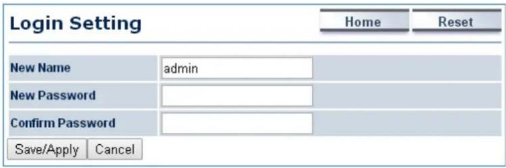 Login Setting Home Reset New Name admin New Password Confirm Password Save/Apply Cancel