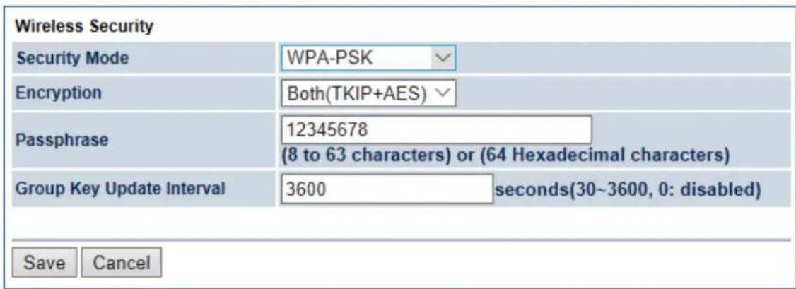 Wireless Security Security Mode WPA-PSK Encryption Both(TKIP+AES) Passphrase 12345678 (8 to 63 characters) or (64 Hexadecimal characters) Group Key Update Interval 3600 seconds(30~3600, 0: disabled) Save Cancel