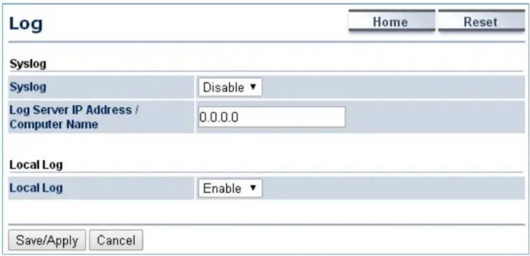 Log Home Reset Syslog Syslog Disable ▼ Log Server IP Address / Computer Name 0.0.0.0 Local Log Local Log Enable ▼ Save/Apply Cancel
