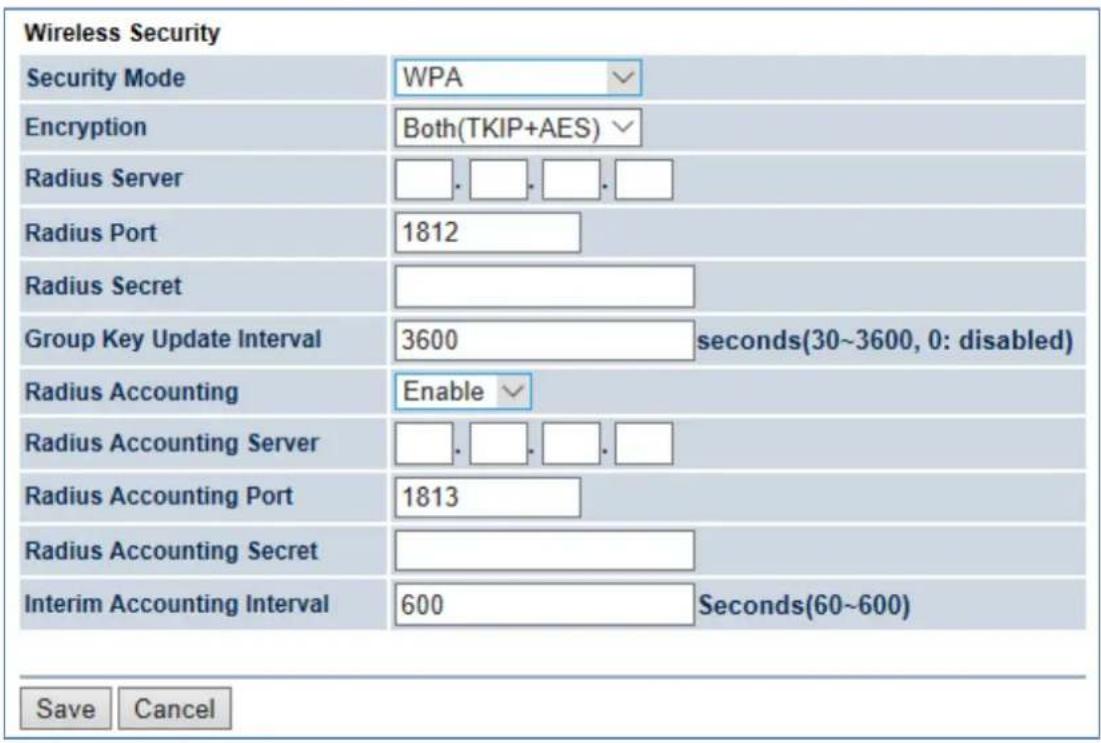 Wireless Security Security Mode WPA Encryption Both(TKIP+AES) Radius Server . . . . Radius Port 1812 Radius Secret Group Key Update Interval 3600 seconds(30~3600, 0: disabled) Radius Accounting Enable Radius Accounting Server . . . . Radius Accounting Port 1813 Radius Accounting Secret Interim Accounting Interval 600 Seconds(60~600) Save Cancel