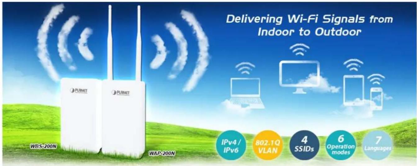 Delivering Wi-Fi Signals from Indoor to Outdoor WBS-200N WAP-200N IPv4/ IPv6 802.1Q VLAN 4 SSIDs 6 Operation modes 7 Languages