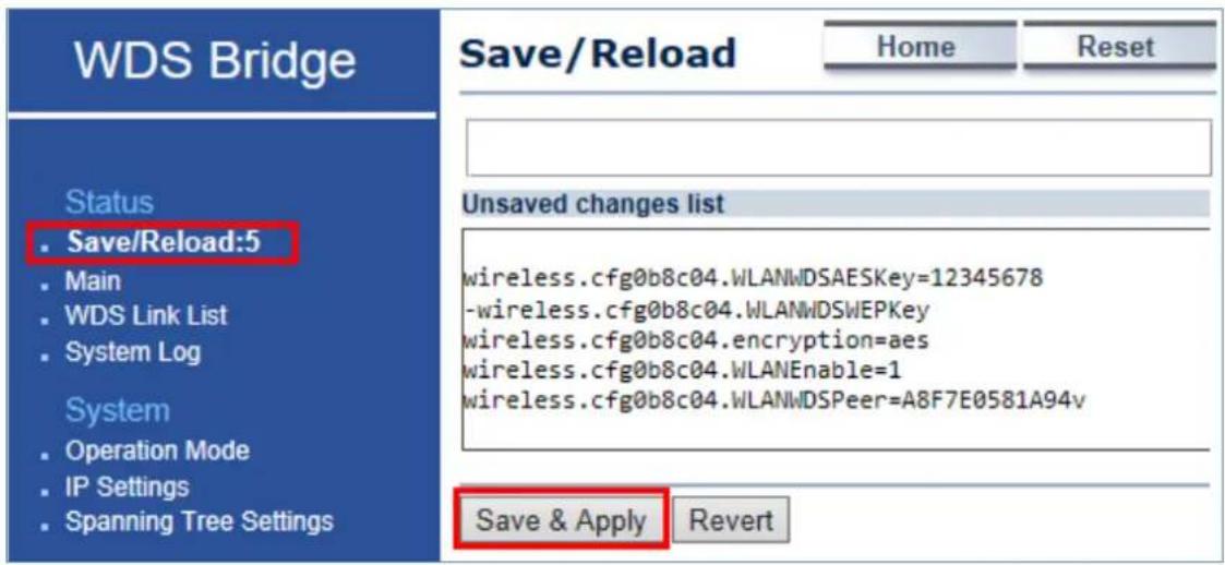 WDS Bridge Save/Reload Home Reset Status • Save/Reload:5 • Main • WDS Link List • System Log System • Operation Mode • IP Settings • Spanning Tree Settings Unsaved changes list wireless.cfg0b8c04.WLANWDSAESKey=12345678 -wireless.cfg0b8c04.WLANWDSWEPKey wireless.cfg0b8c04.encryption=aes wireless.cfg0b8c04.WLANEnable=1 wireless.cfg0b8c04.WLANWDSPeer=A8F7E0581A94v Save & Apply Revert