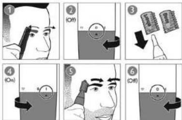Six-step diagram illustrating a person's head, hand, and eye with directional arrows and labeled positions (On/OFF)
