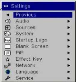 Settings Previous Audio Sources System Startup Logo Blank Screen PIP Effect Key Network Language Service