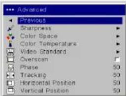 Advanced Previous Sharpness Color Space Color Temperature Video Standard Overspan Phase 50 Tracking 50 Horizontal Position 50 Vertical Position 50