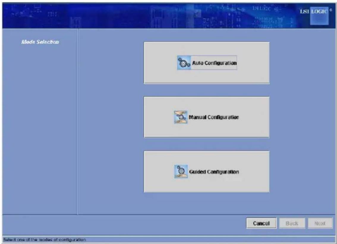 LSI LOGIC Mode Selection Auto Configuration Manual Configuration Guided Configuration Cancel Back Next Select one of the modes of configuration