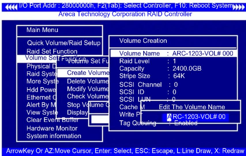 I/O Port Addr : 28000000h, F2(Tab): Select Controller, F10: Reboot System Areca Technology Corporation RAID Controller Main Menu Quick Volume/Raid Setup Raid Set Function Volume Set Function Physical Data Raid System Create Volume More System Delete Volume Hdd Power Modify Volume Ethernet Check Volu…