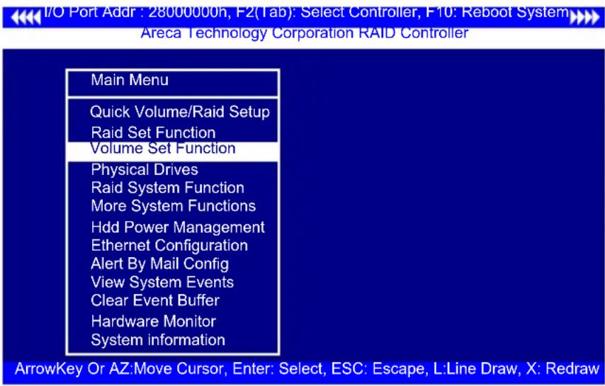 I/O Port Addr : 28000000h, F2(Tab): Select Controller, F10: Reboot System Areca Technology Corporation RAID Controller Main Menu Quick Volume/Raid Setup Raid Set Function Volume Set Function Physical Drives Raid System Function More System Functions Hdd Power Management Ethernet Configuration Alert…