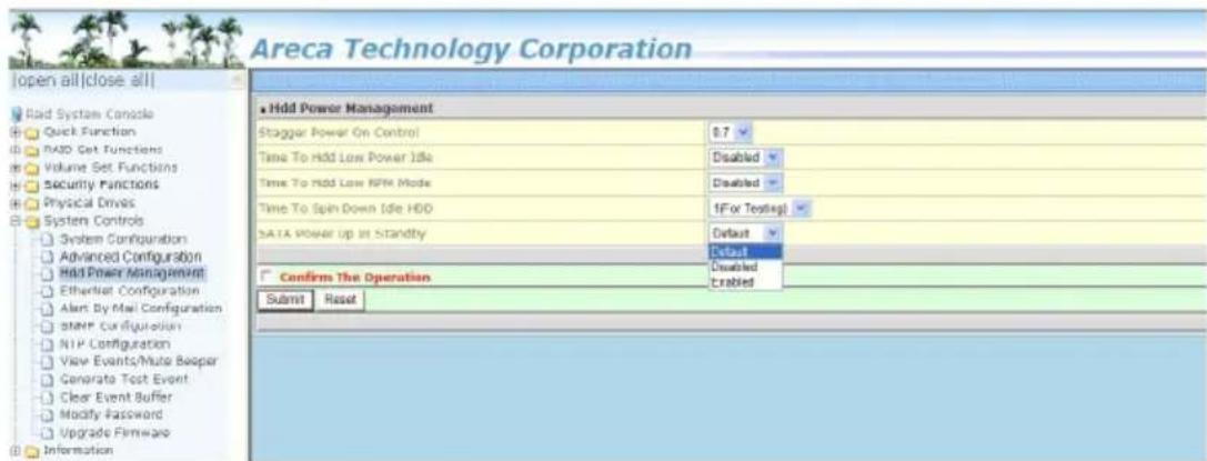 Areca Technology Corporation Open all|close all| Raid System Console Quick Function RAD Get Functions Volume Set Functions Security Functions Physical Drives System Controls System Configuration Advanced Configuration Held Power Management EtherNet Configuration Alert By Mail Configuration SNAP Conf…