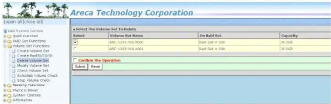 Areca Technology Corporation Open all|close all| Rad System Control Quick Function PAID Set Functions Volume Set Functions Create Volume Set Create Rad30/50/50 Delete Volume Set Modify Volume Set Check Volume Set Schedule Volume Check Stop Volume Check Security Functions Physical Drives System Contr…
