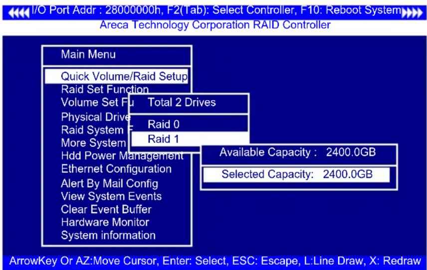 I/O Port Addr : 28000000h, F2(Tab): Select Controller, F10: Reboot System Areca Technology Corporation RAID Controller Main Menu Quick Volume/Raid Setup Raid Set Function Volume Set Fu Total 2 Drives Physical Drive Raid System F Raid 0 More System Raid 1 Hdd Power Management Ethernet Configuration A…