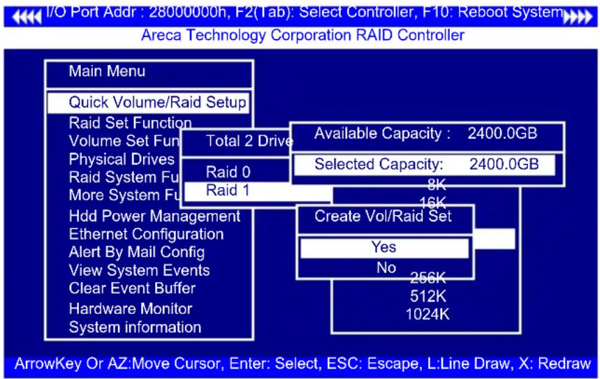 I/O Port Addr : 28000000h, F2(Tab) : Select Controller, F10 : Reboot System Areca Technology Corporation RAID Controller Main Menu Quick Volume/Raid Setup Raid Set Function Volume Set Fun Physical Drives Raid System Fun More System Fun Total 2 Drive Raid 0 Raid 1 Available Capacity : 2400.0GB Select…