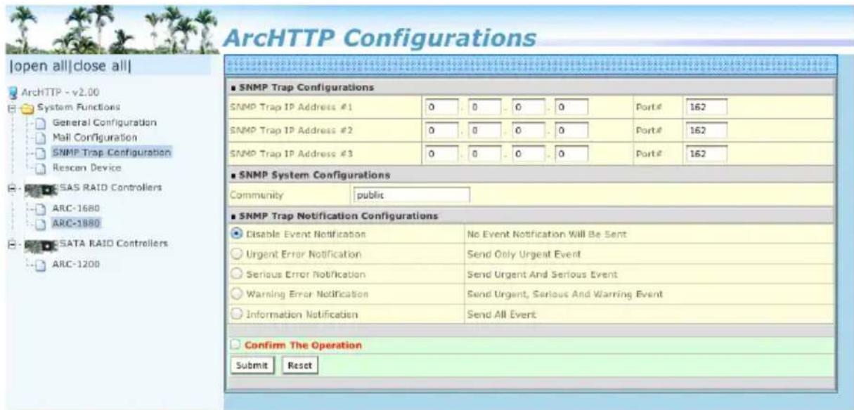 ArcHTTP Configurations |open all|close all| ArchHTTP - v2.00 System Functions General Configuration Mail Configuration SNMP Trap Configuration Rescen Device SSAS RAID Controllers ARC-1680 ARC-1980 CSATA RAID Controllers ARC-1200 SNMP Trap Configurations SNMP Trap IP Address #1 0 0 0 0 Port#: 162 SNM…