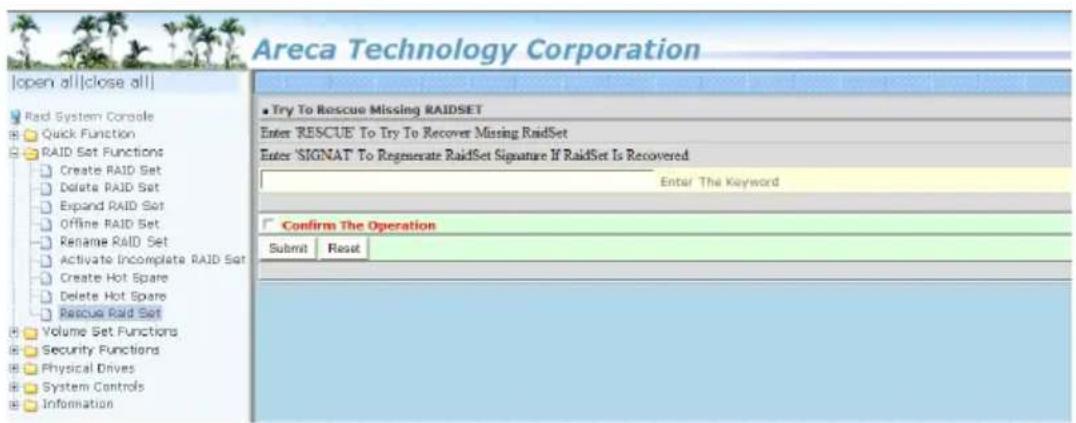 Areca Technology Corporation [open all|close all] Rad System Console Quick Function RAID Set Functions Create RAID Set Delete RAID Set Expand RAID Set Offline RAID Set Rename RAID Set Activate Incomplete RAID Set Create Hot Spare Delete Hot Spare Rescue Raid Set Volume Set Functions Security Functio…