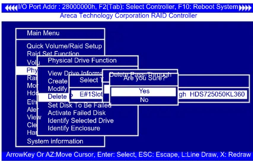 I/O Port Addr : 28000000h, F2(Tab): Select Controller, F10: Reboot System Areca Technology Corporation RAID Controller Main Menu Quick Volume/Raid Setup Raid Set Function Volu Physical Drive Function Phy View Drive Informa Delete Pass-Through Rail Create Select T Are you Sure ? Mor Modify Yes Hdd De…