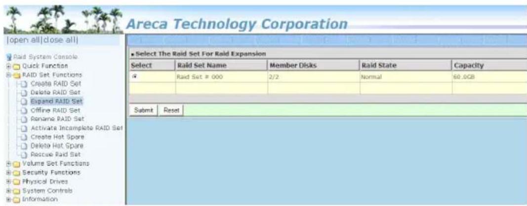 Areca Technology Corporation | open all| close all | Raid System Console Quick Function RAID Set Functions Create RAID Set Delete RAID Set Expand RAID Set Offline RAID Set Rename RAID Set Activate Incomplete RAID Set Create Hot Spare Delete Hot Spare Rescue Raid Set Volume Set Functions Security Fun…