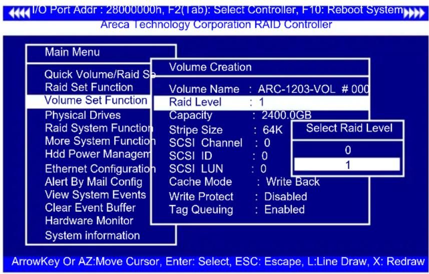 I/O Port Addr : 28000000h, F2(Tab): Select Controller, F10: Reboot System Areca Technology Corporation RAID Controller Main Menu Quick Volume/Raid Set Raid Set Function Volume Set Function Physical Drives Raid System Function More System Function Hdd Power Managem Ethernet Configuration Alert By Mai…