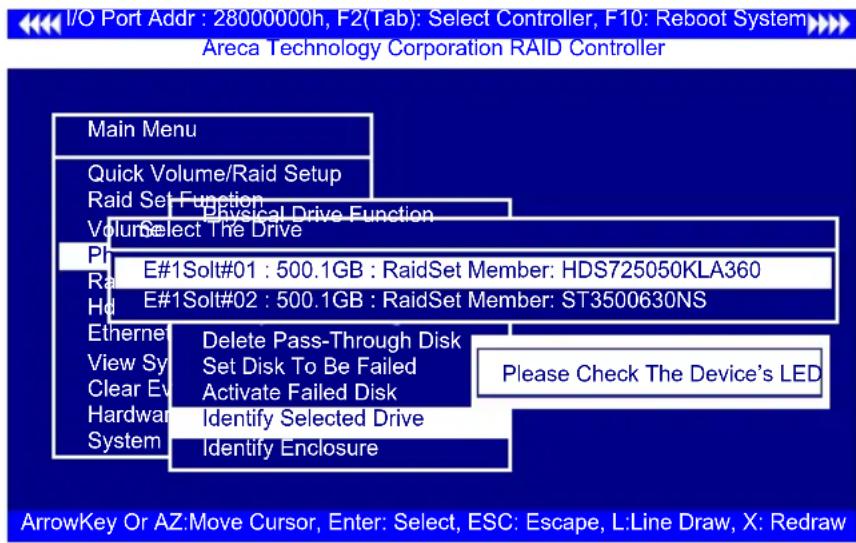I/O Port Addr : 28000000h, F2(Tab) : Select Controller, F10: Reboot System Areca Technology Corporation RAID Controller Main Menu Quick Volume/Raid Setup Raid Set Function Physical Drive Function Volume Select The Drive Ph E#1Solt#01 : 500.1GB : RaidSet Member: HDS725050KLA360 Ra E#1Solt#02 : 500.1G…