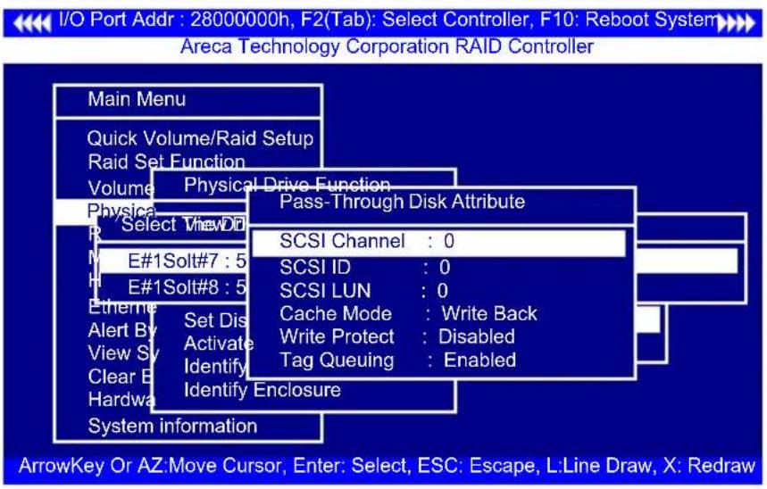 I/O Port Addr : 2800000h, F2(Tab): Select Controller, F10: Reboot System Areca Technology Corporation RAID Controller Main Menu Quick Volume/Raid Setup Raid Set Function Volume Physical Drive Function Pass-Through Disk Attribute Physical Select ViewDD SCSI Channel : 0 E#1Solt#7 : 5 SCSI ID : 0 E#1So…