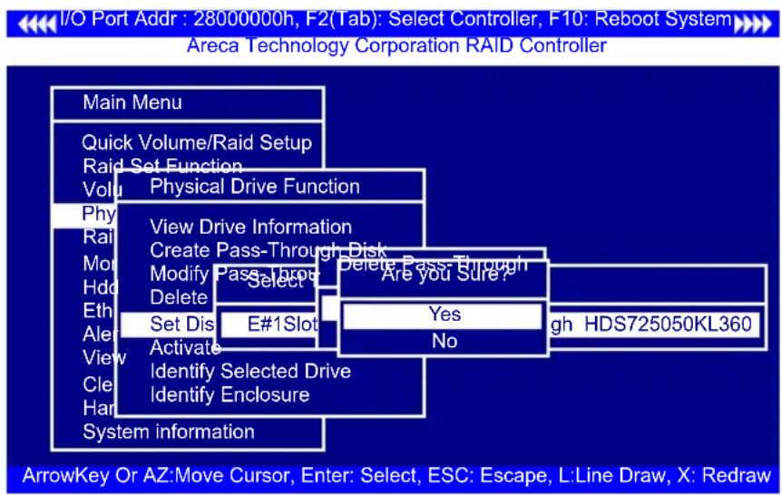 I/O Port Addr : 28000000h, F2(Tab): Select Controller, F10: Reboot System Areca Technology Corporation RAID Controller Main Menu Quick Volume/Raid Setup Raid Set Function Volu Physical Drive Function Phy View Drive Information Rail Create Pass-Through Disk Mo Modify Pass-Through Hdo Select Eth Delet…