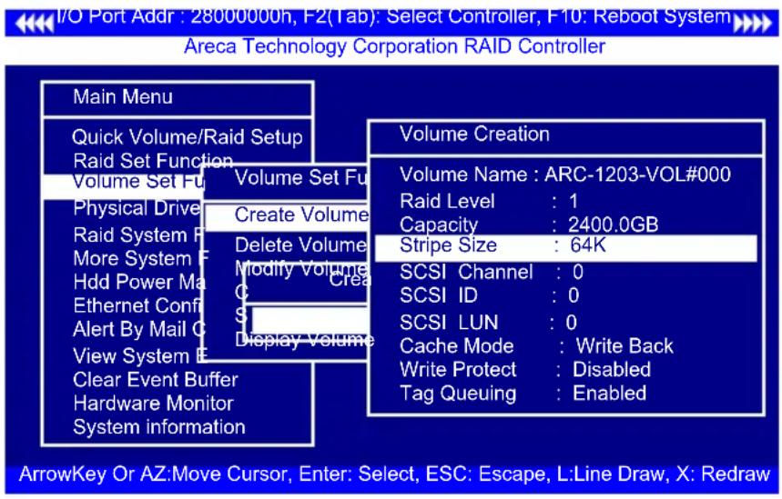 I/O Port Addr : 28000000h, F2(Tab): Select Controller, F10: Reboot System Areca Technology Corporation RAID Controller Main Menu Quick Volume/Raid Setup Raid Set Function Volume Set Fu Volume Set Fu Physical Drive Create Volume Raid System P Delete Volume More System F Modify Volume Hdd Power Ma C C…
