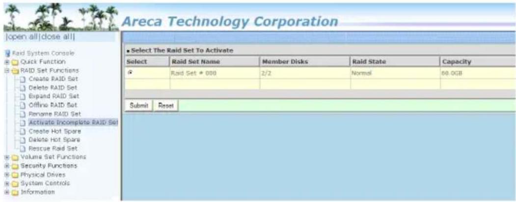 Areca Technology Corporation | open all | close all | Rad System Console Quick Function RAID Set Functions Create RAID Set Delete RAID Set Expand RAID Set Offline RAID Set Rename RAID Set Activate Incomplete RAID Set Create Hot Spare Delete Hot Spare Rescue RAID Set Volume Set Functions Security Fun…