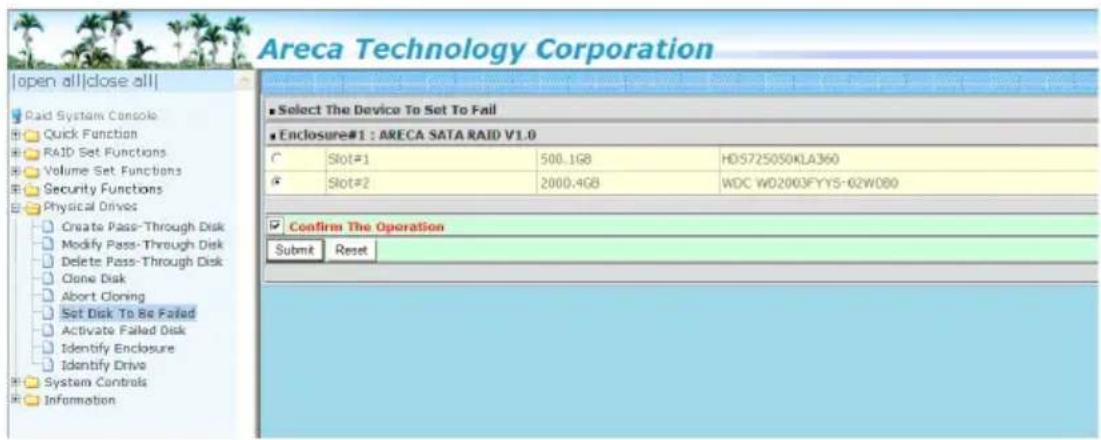 Areca Technology Corporation | open all|close all| Paid System Console Quick Function RAID Set Functions Volume Set Functions Security Functions Physical Drives Create Pass-Through Disk Modify Pass-Through Disk Delete Pass-Through Disk Clone Disk Abort Cloning Set Disk To Be Failed Activate Failed D…